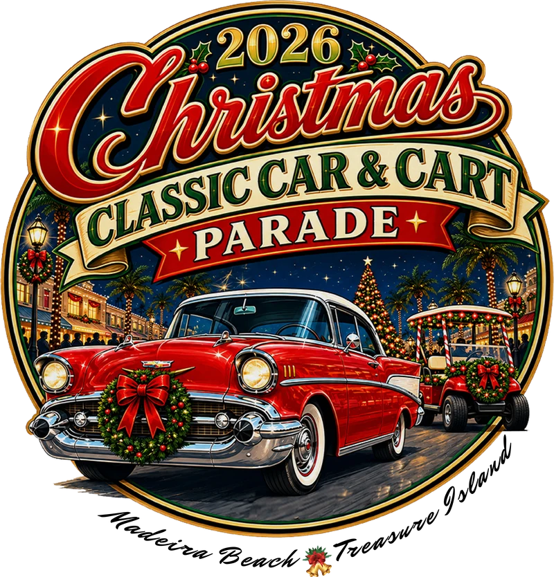 The 2026 Christmas Classic Car & Cart Parade badge: a red 1957 Chevy and a decorated golf cart rolling past palms and a lit Christmas tree at night, ringed in gold, with Madeira Beach and Treasure Island lettered underneath.